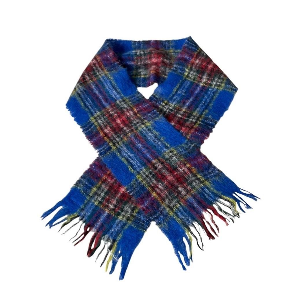 GLENTANA Scotland Vintage Wool Mohair Plaid Scarf Blue Red